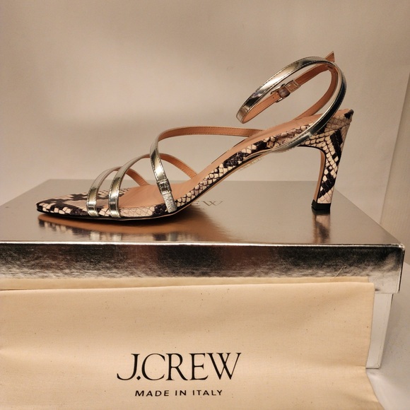 J. Crew Made-in-Italy Curved Heel Sandals Metallic Leather Snake Print Size 9.5 - Picture 3 of 11